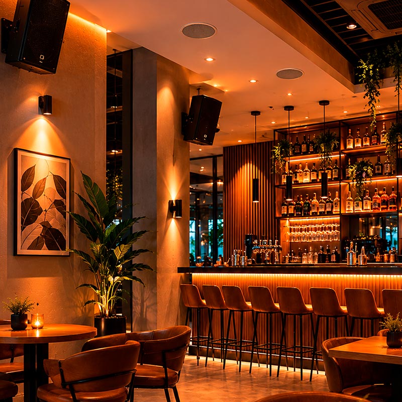 Sistemas de som, projeção e painéis de LED para Restaurantes